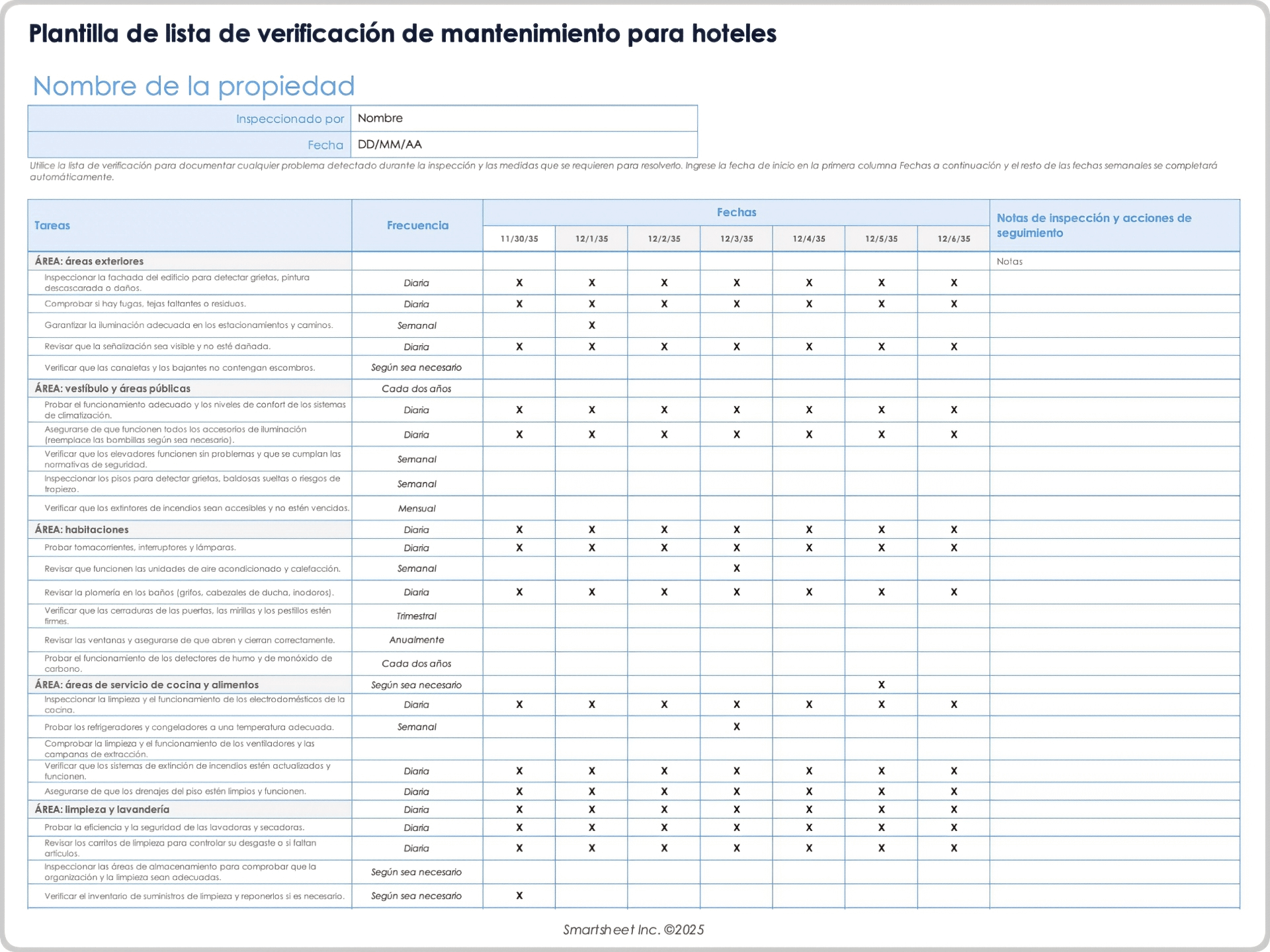 Plantilla de lista de verificación de mantenimiento para hoteles