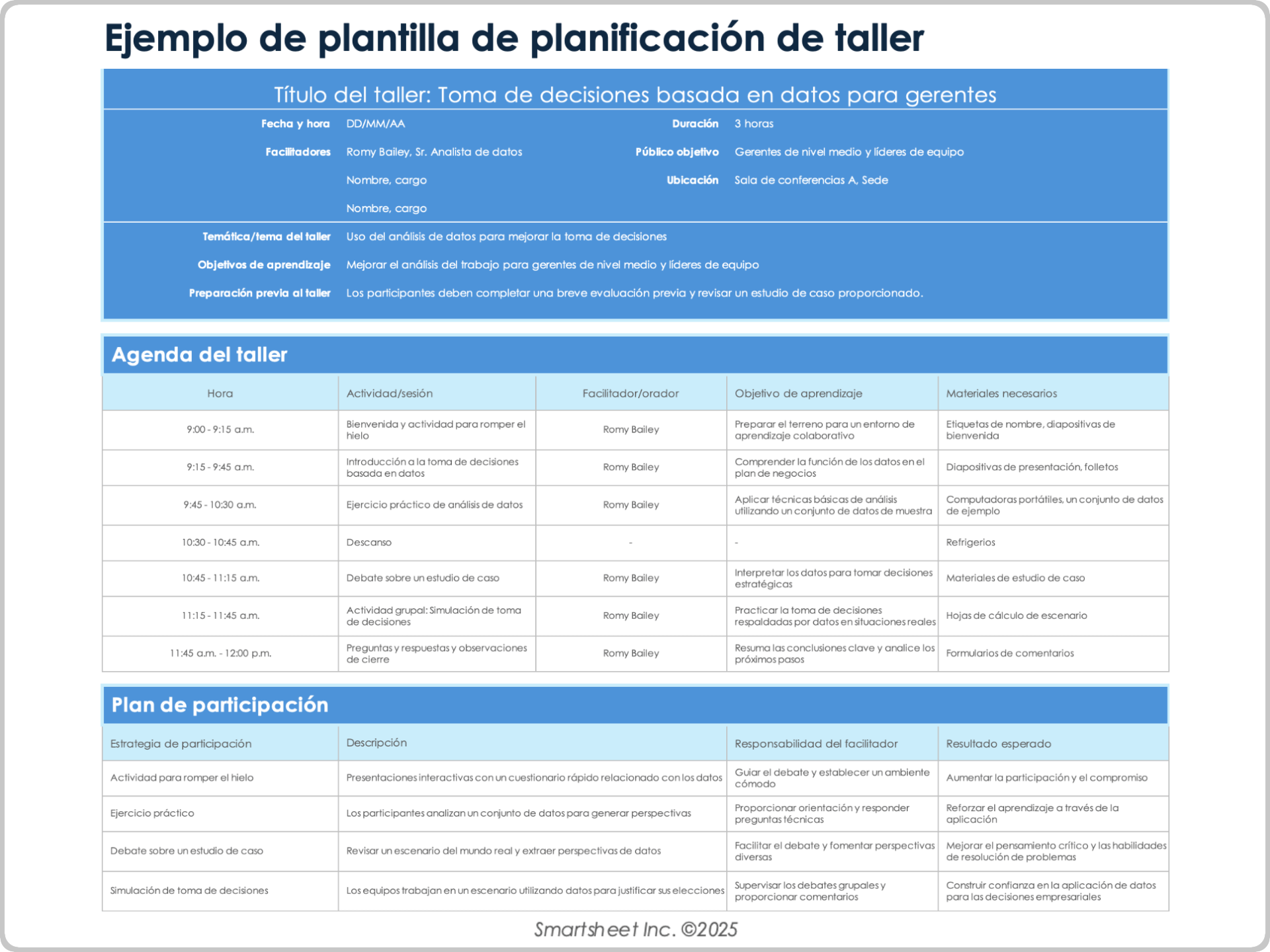 Ejemplo de plantilla de planificación de talleres