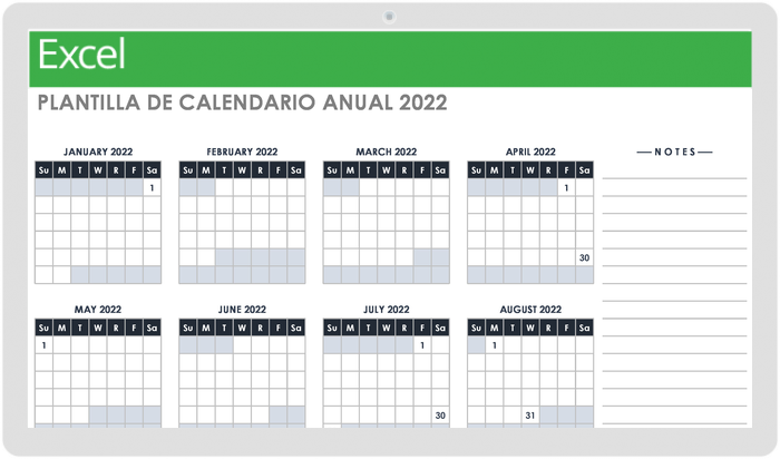  Plantilla de calendario de 12 meses para 2022