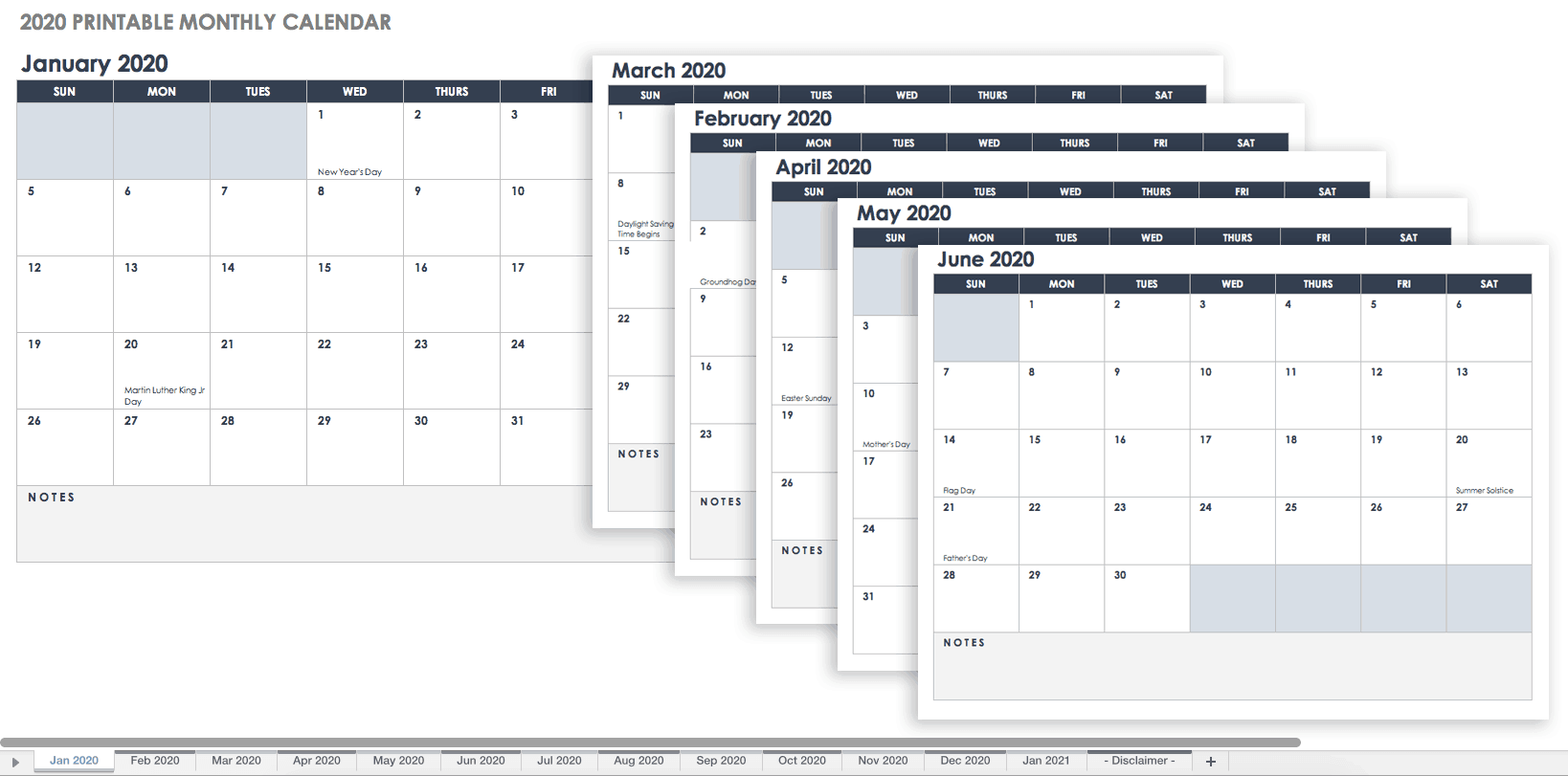 Calendario mensual 2020 para imprimir (horizontal)