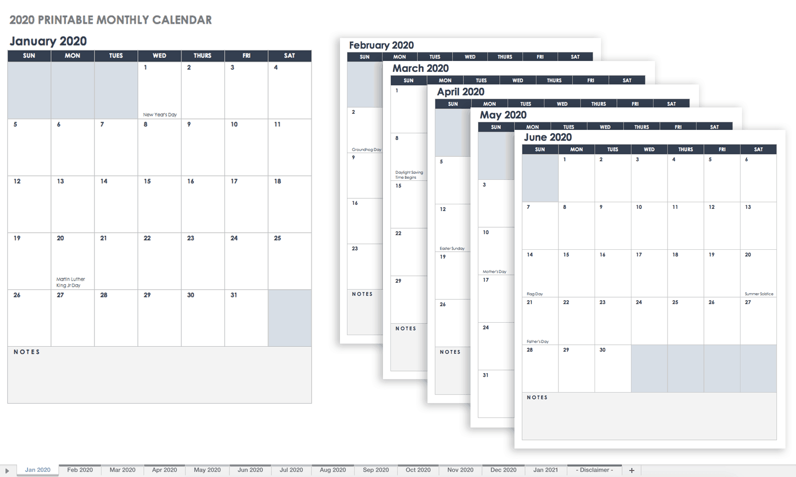 Calendario mensual 2020 para imprimir (vertical)