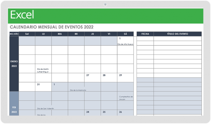 Plantilla de calendario mensual de eventos 2022