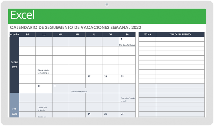  Plantilla de calendario de seguimiento de vacaciones semanales 2022