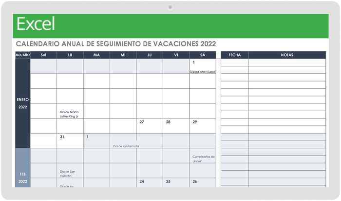  Plantilla de calendario de seguimiento de vacaciones anuales 2022