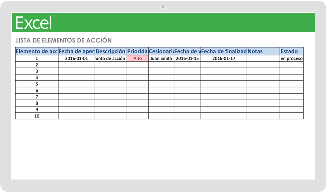 Plantilla de lista de elementos de acción