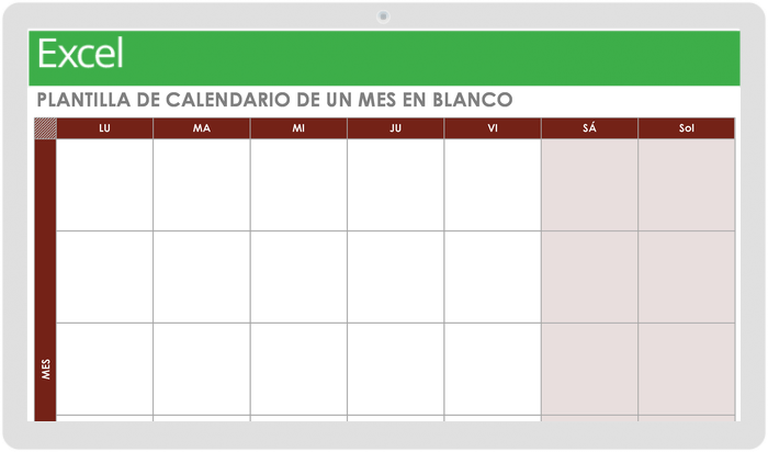  Plantilla de calendario de un mes en blanco que comienza con el lunes