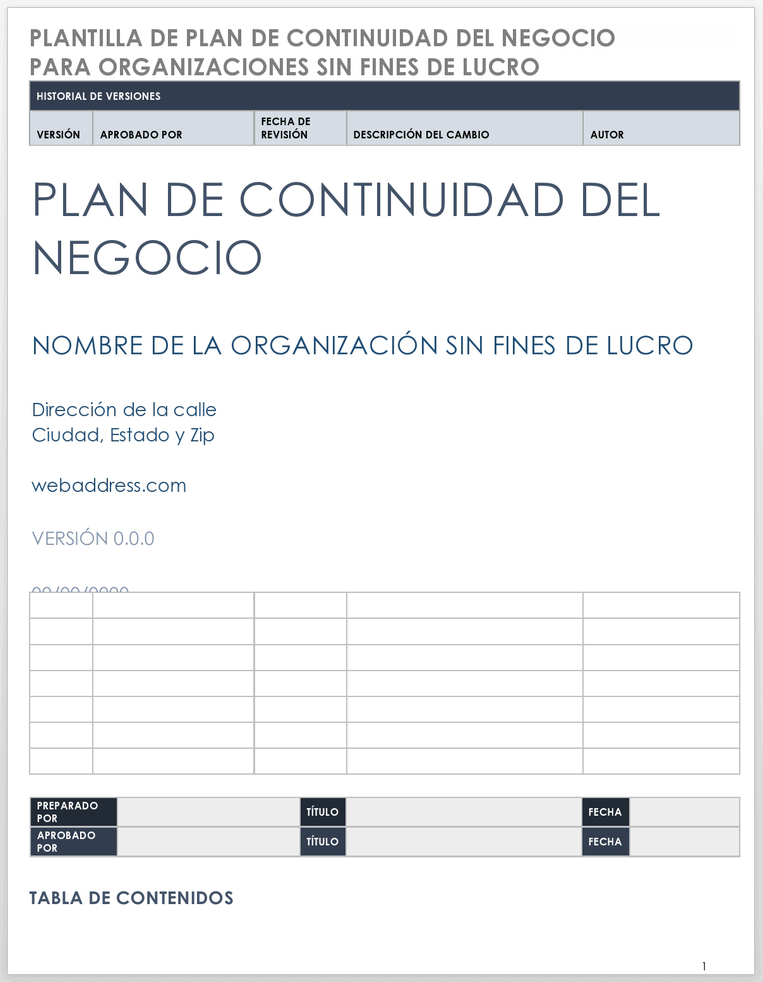 Plantilla de plan de continuidad comercial para organizaciones sin fines de lucro