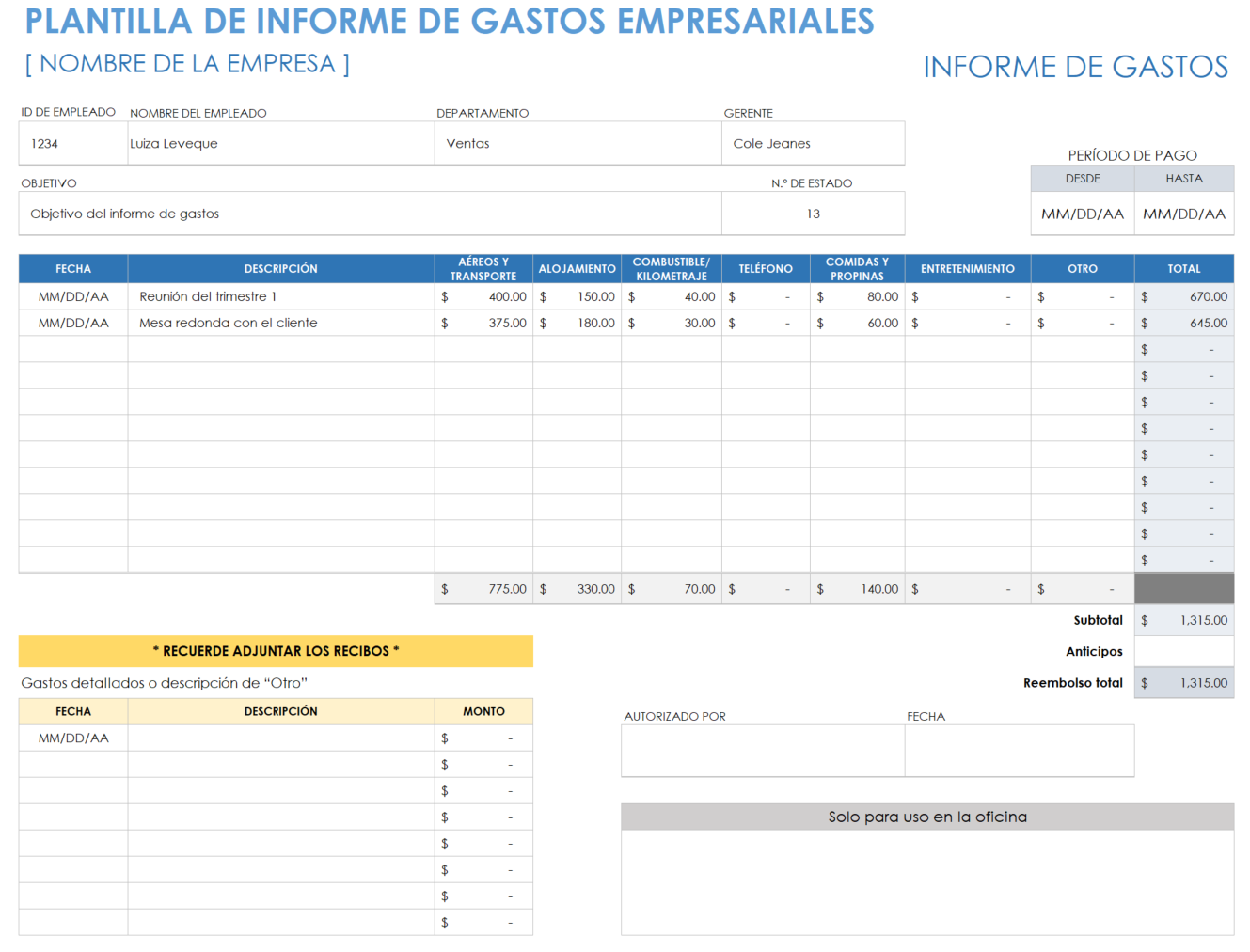 Plantilla de informe de gastos comerciales