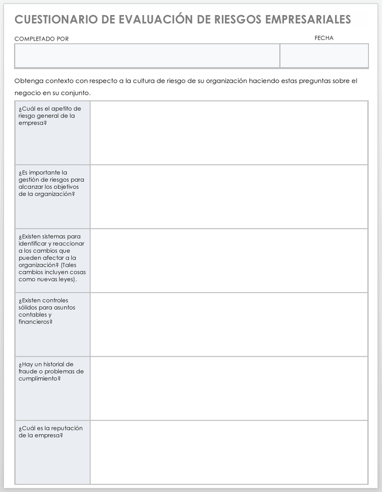  Plantilla de cuestionario de evaluación de riesgos comerciales