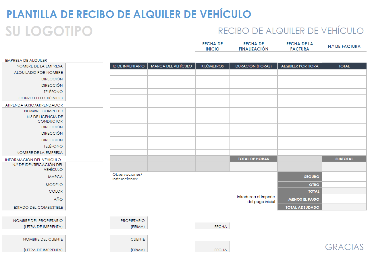 Plantilla de recibo de alquiler de coche