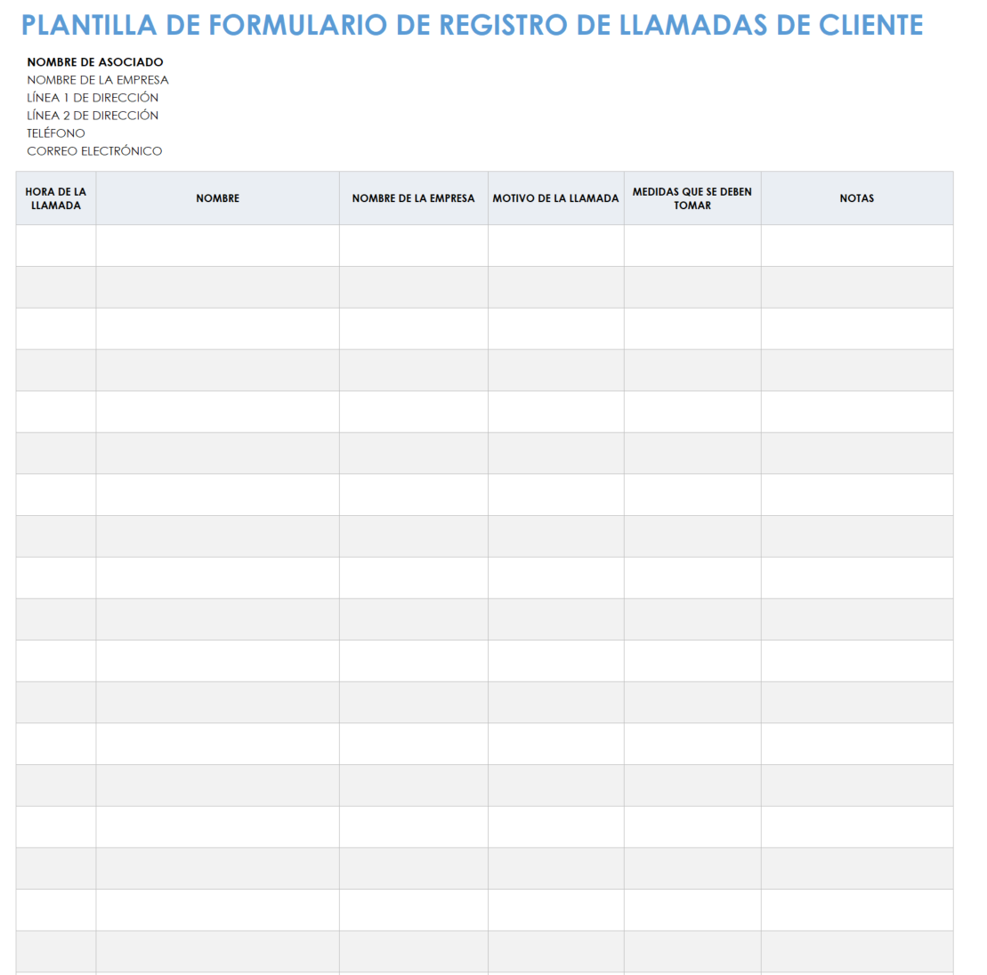 Formulario de registro de llamadas del cliente