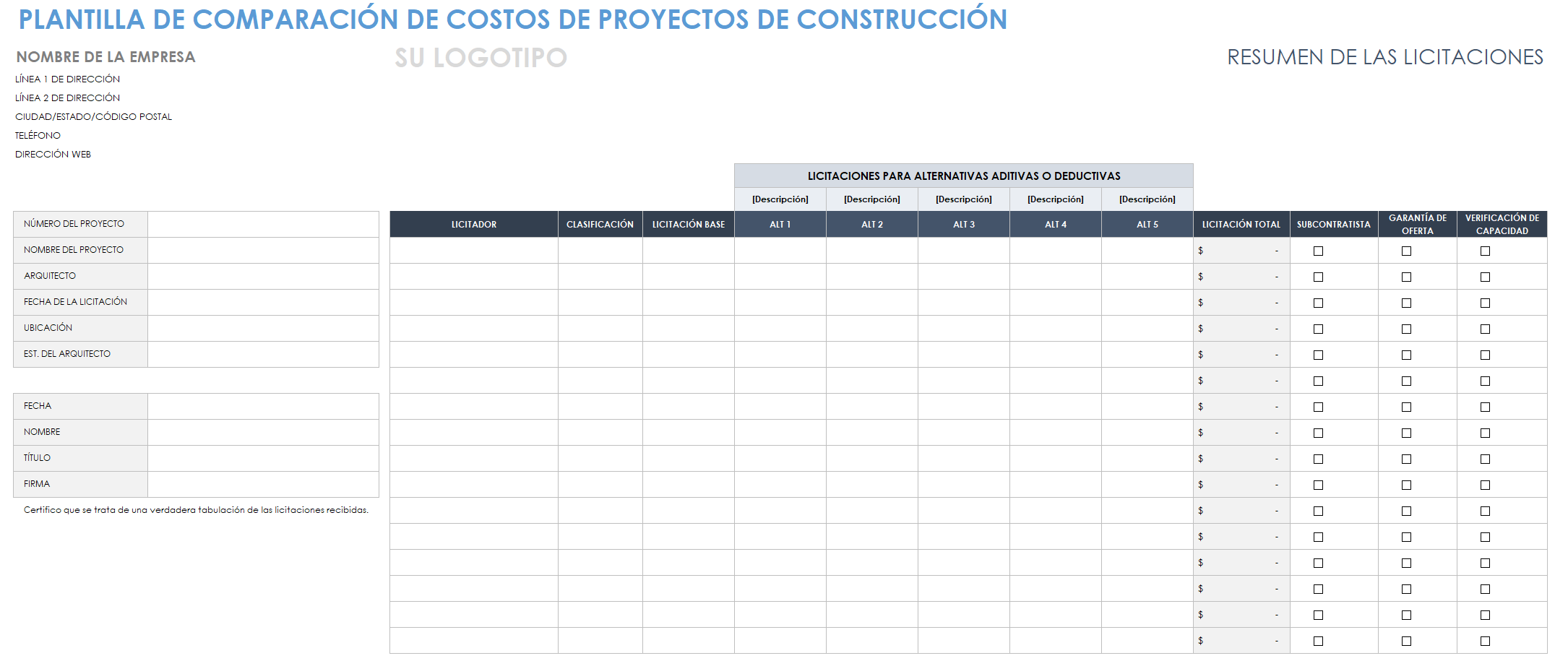  Plantilla de comparación de costos de proyectos de construcción