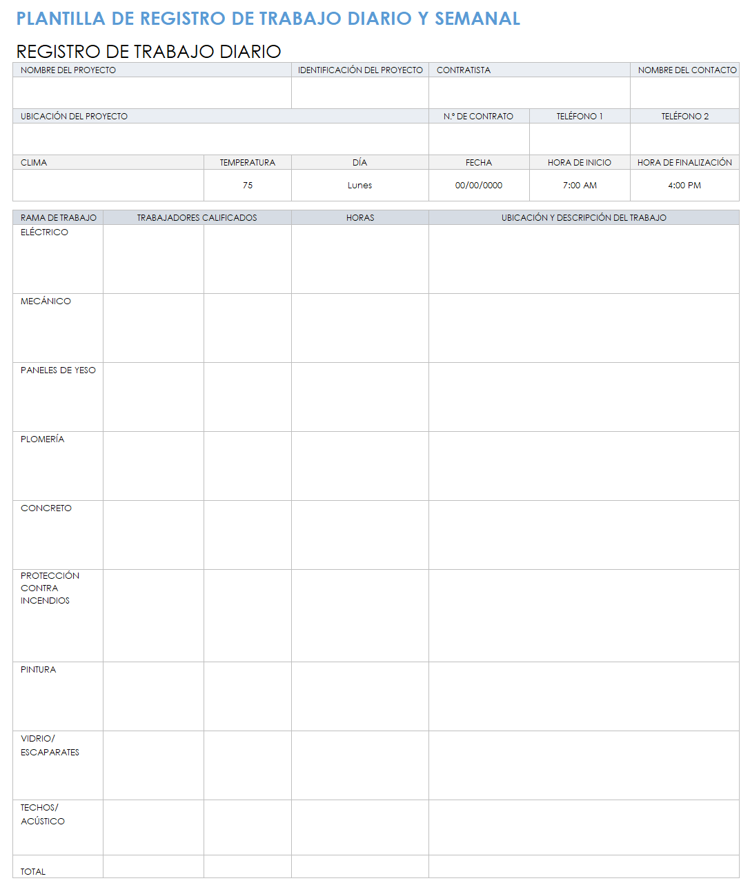  Plantilla de registro de trabajo diario y semanal