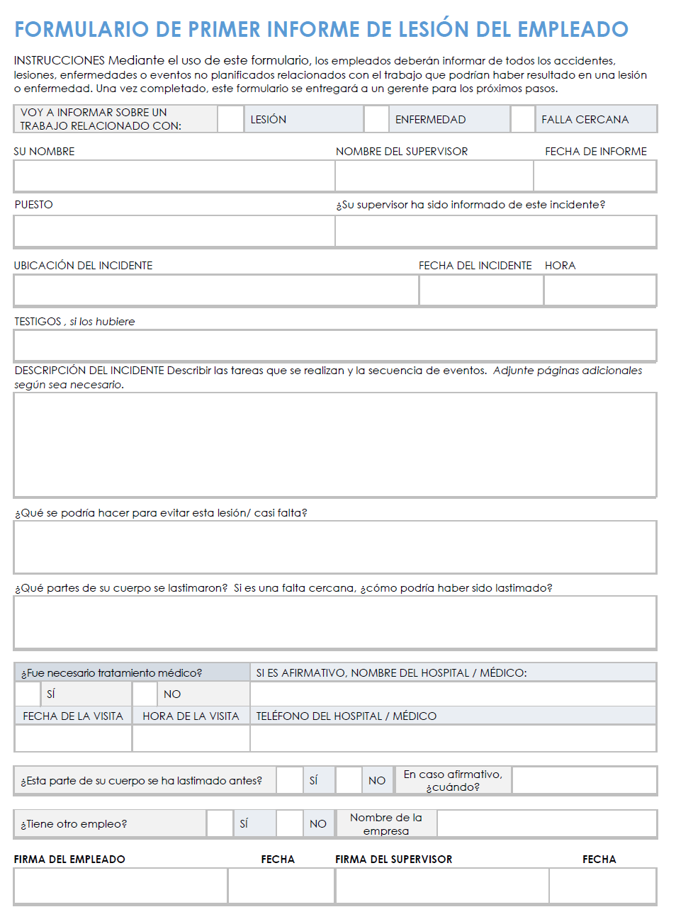 Plantilla de formulario de primer informe de lesión del empleado