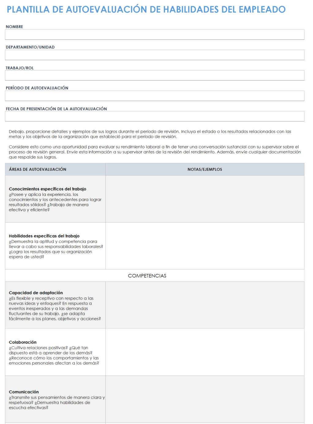  Plantilla de autoevaluación de empleados