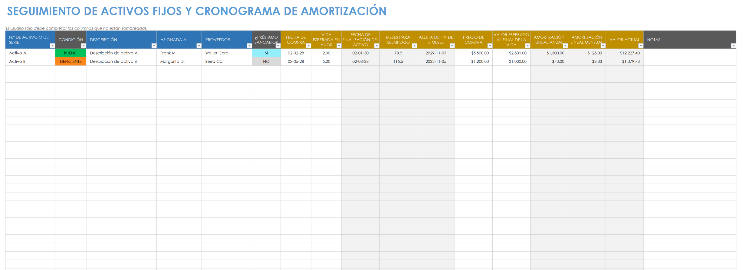 Plantilla de seguimiento de activos fijos y cronograma de depreciación