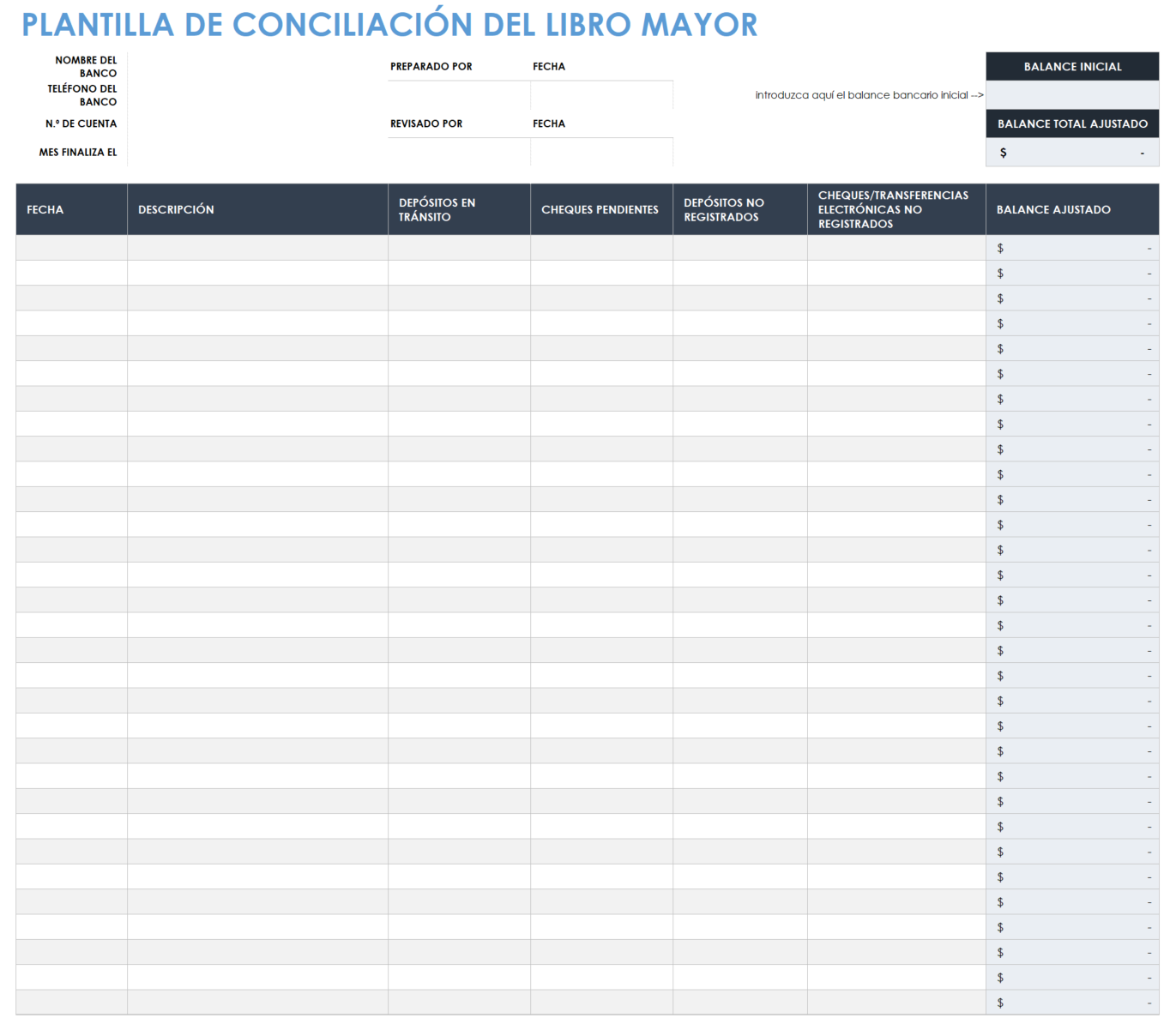 Plantilla de conciliación del libro mayor general