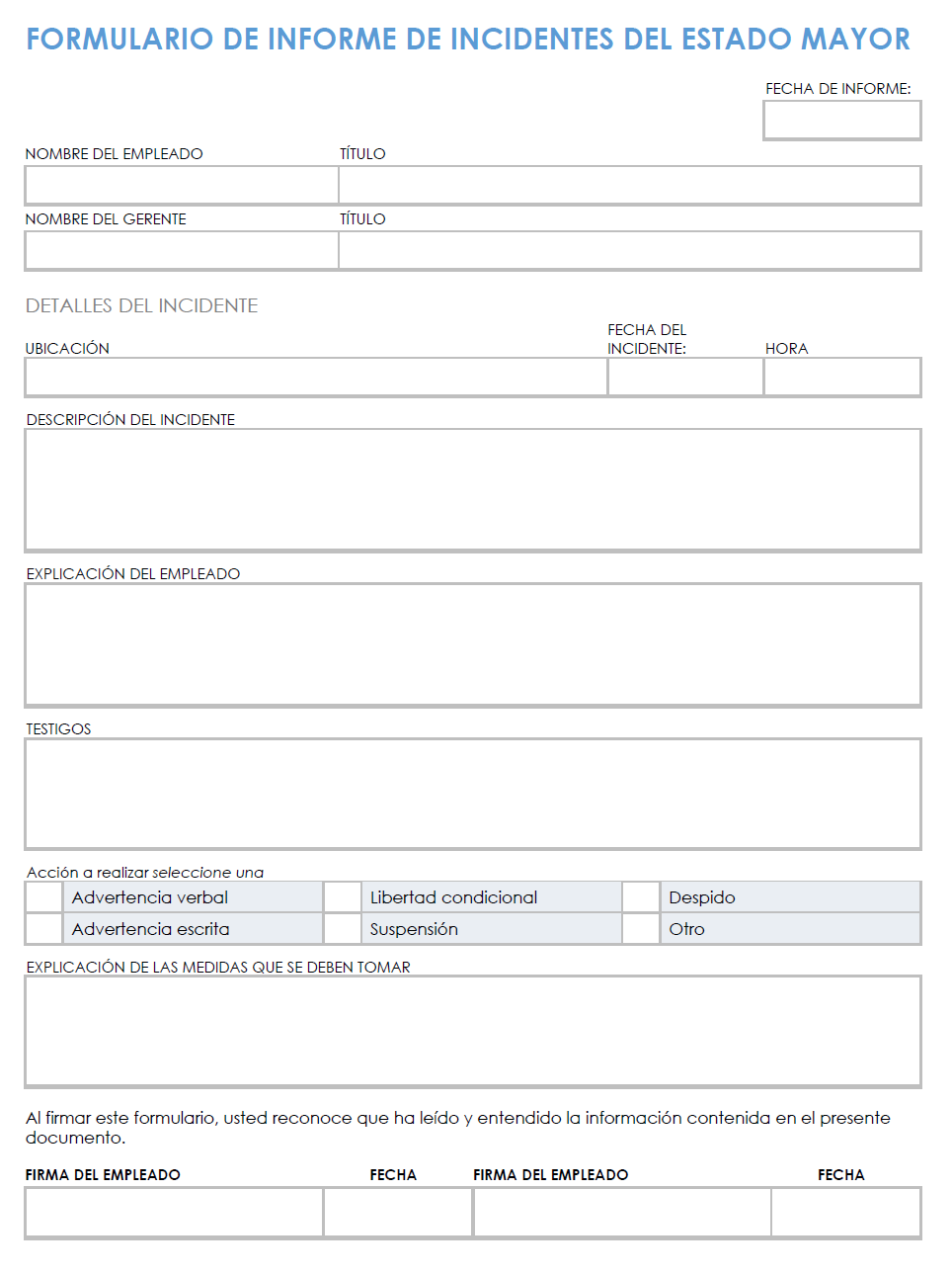 Plantilla de formulario de informe de incidentes del personal general