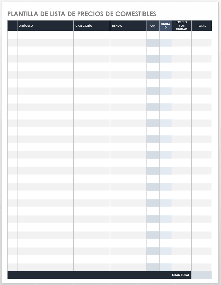 Plantilla de Lista de Precios de Comestibles