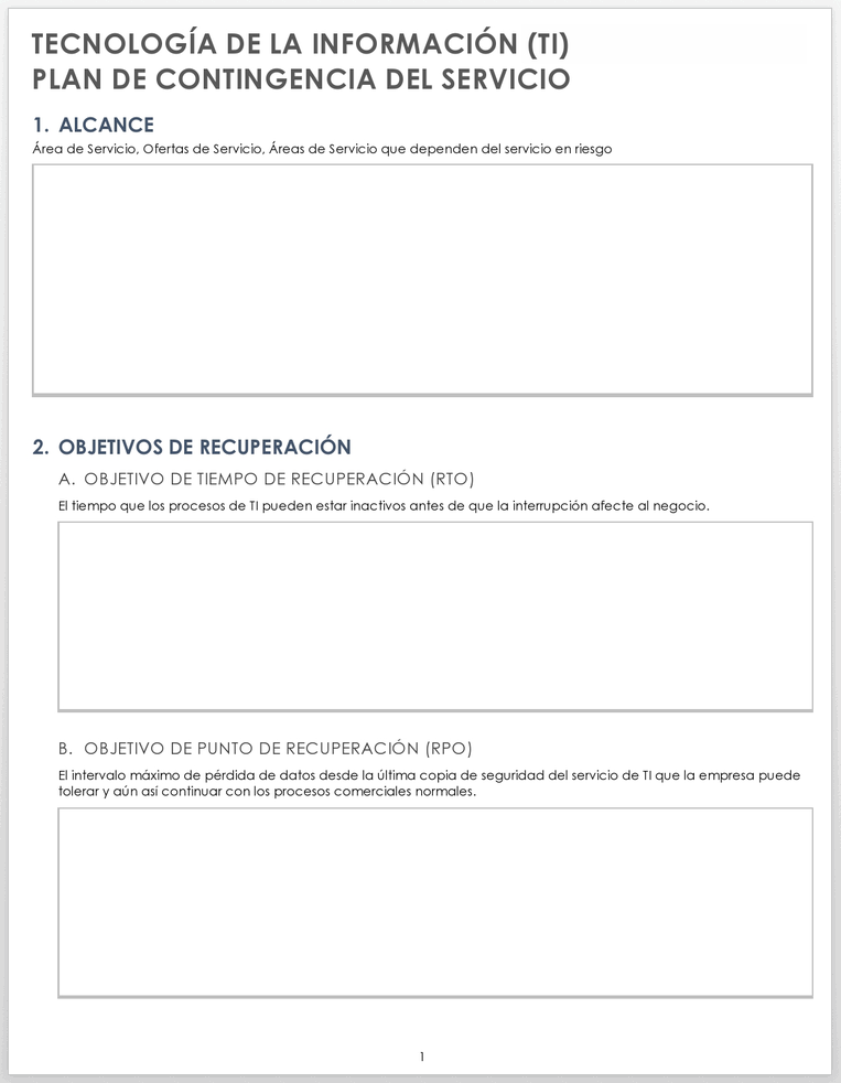  Plantilla de plan de contingencia de servicio de TI de tecnología de la información