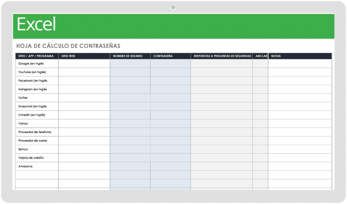 Hoja de Cálculo de Contraseñas