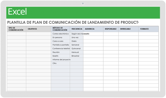 Plantilla de plan de comunicación de lanzamiento de producto