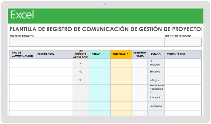 Plantilla de registro de comunicación de gestión de proyectos