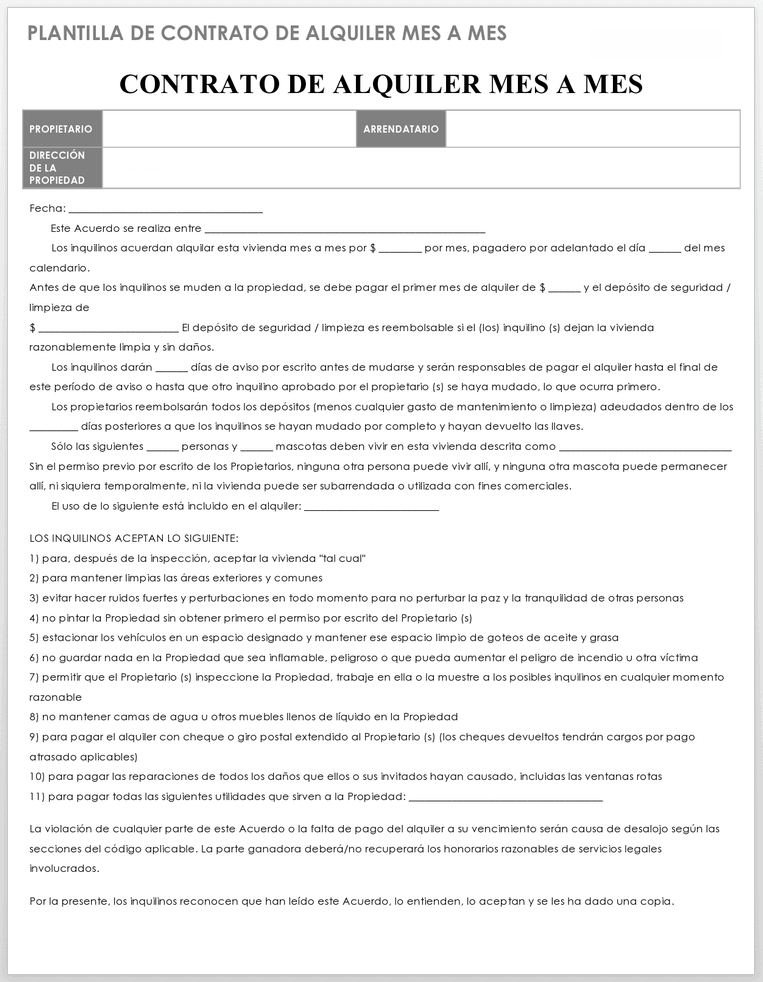 Plantilla de Contrato de Alquiler de Mes a Mes de Administración de Propiedades