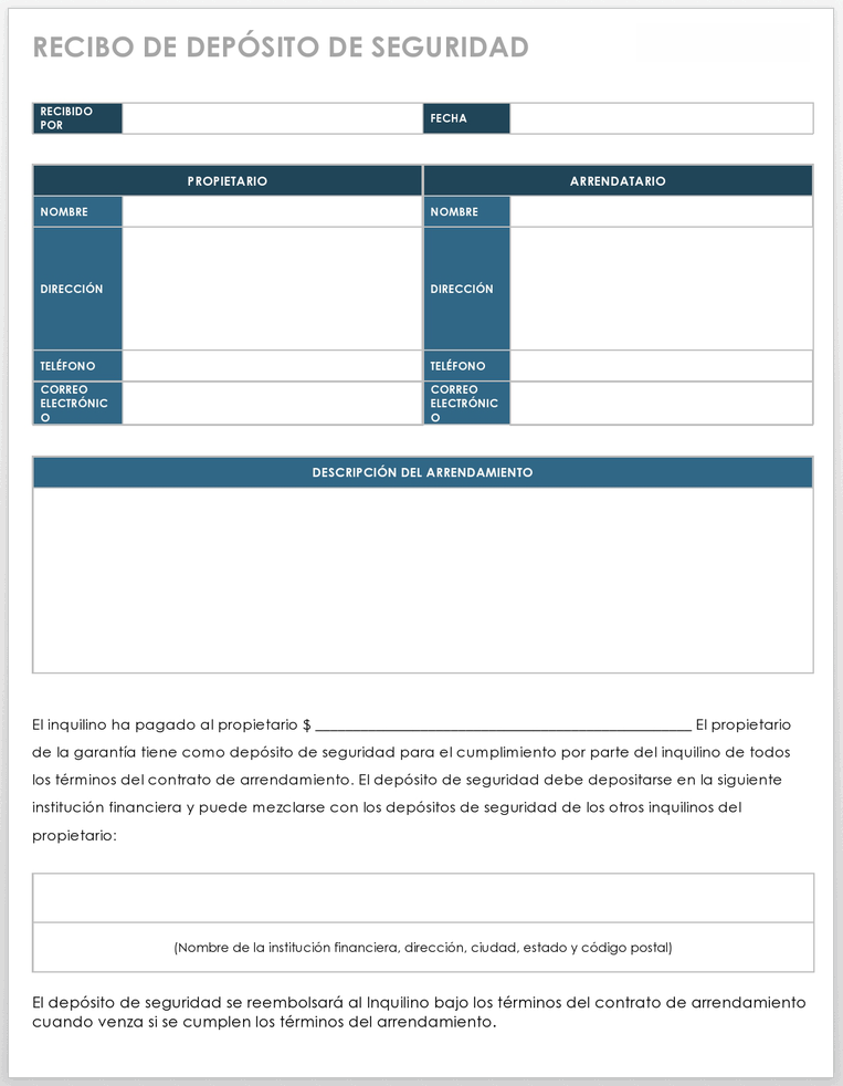 Plantilla de Recibo de Depósito de Seguridad de Administración de Propiedades