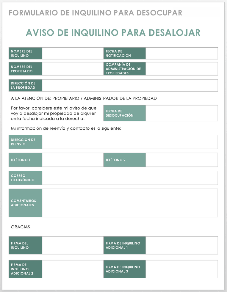 Inquilino de Administración de Propiedades Para Desocupar Plantilla de Formulario