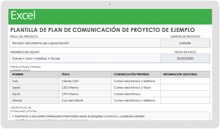 Ejemplo de plantilla de plan de comunicación del proyecto