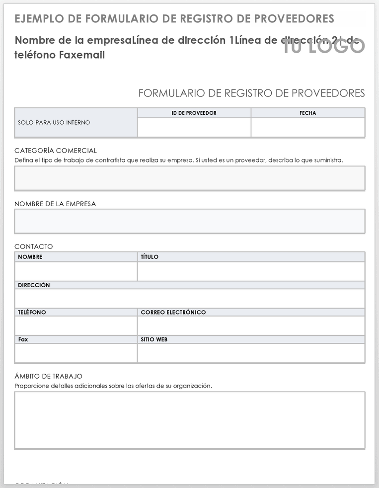 Plantilla de formulario de registro de proveedor de muestra