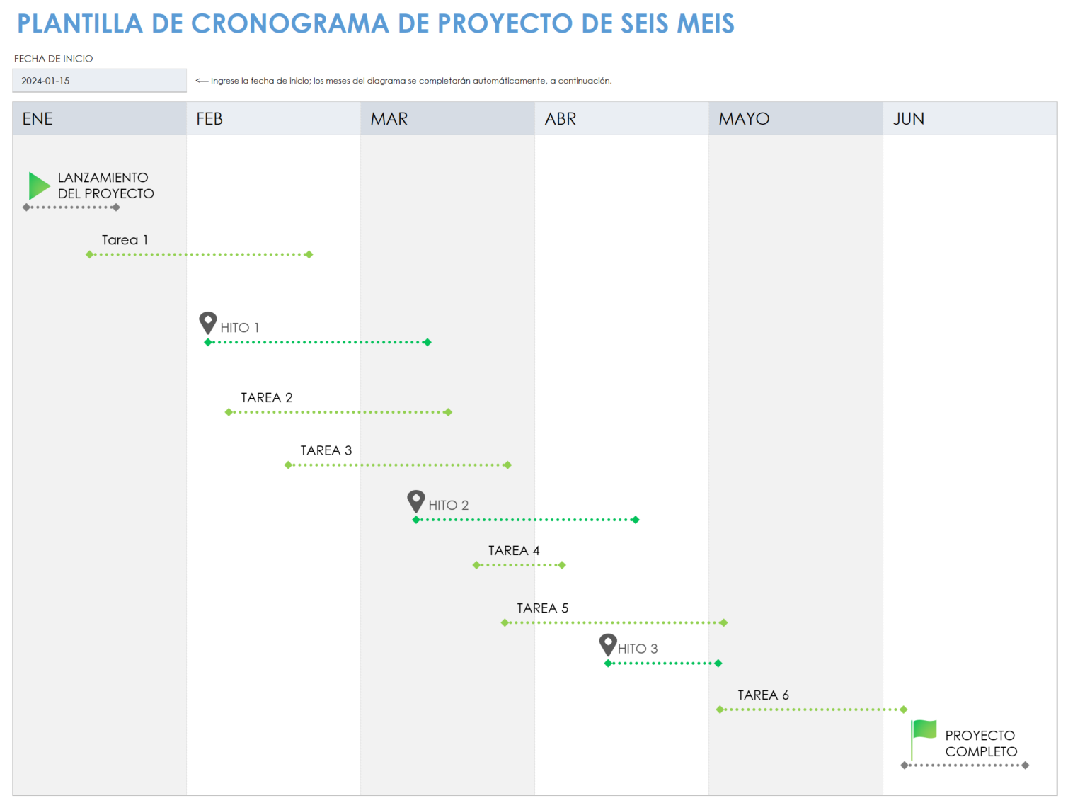  Plantilla de línea de tiempo de proyecto de seis meses para Excel