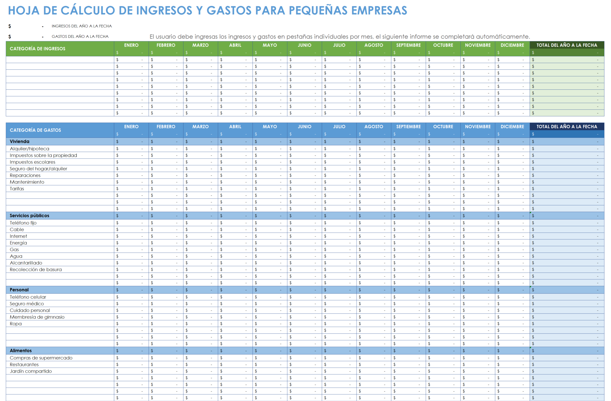 Hoja de cálculo de ingresos y gastos para pequeñas empresas.