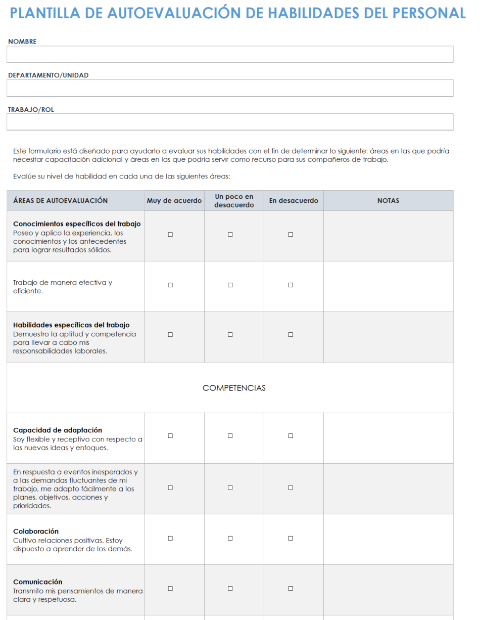 Plantilla de autoevaluación de habilidades del personal