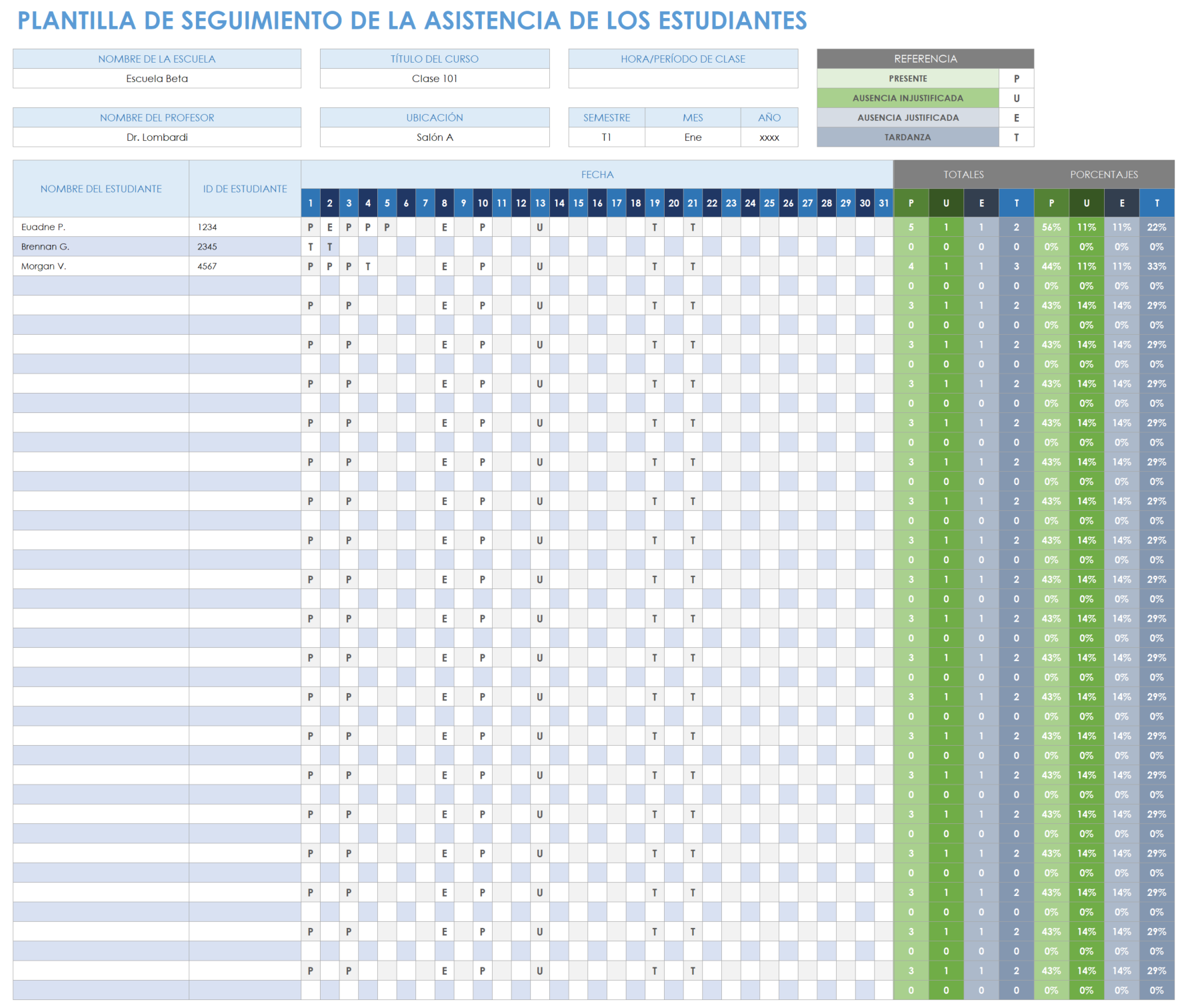 Plantilla de seguimiento de asistencia de estudiantes