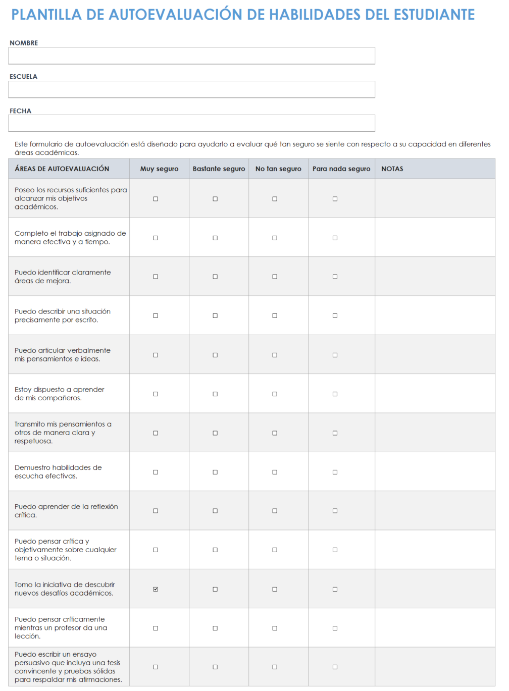 Plantilla de autoevaluación del estudiante