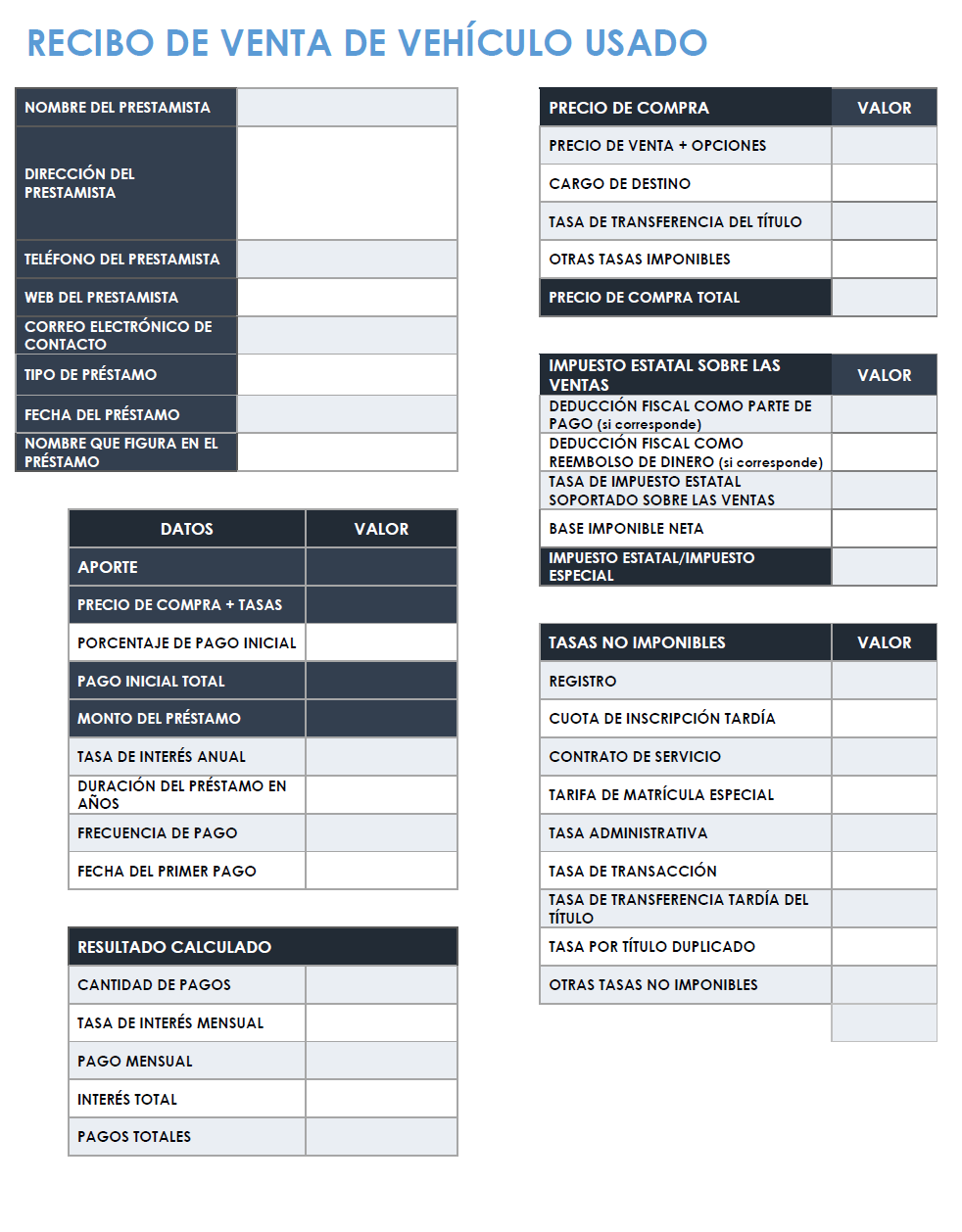 Plantilla de recibo de venta de autos usados