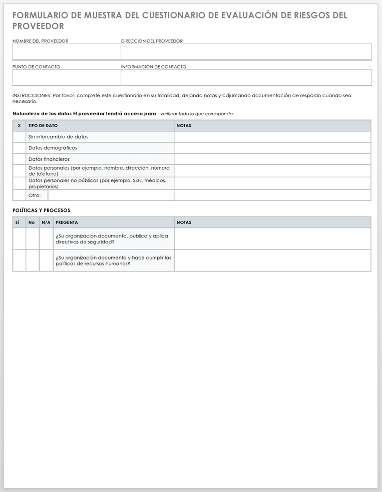 FORMULARIO DE MUESTRA DEL CUESTIONARIO DE EVALUACIÓN DE RIESGOS DEL PROVEEDOR