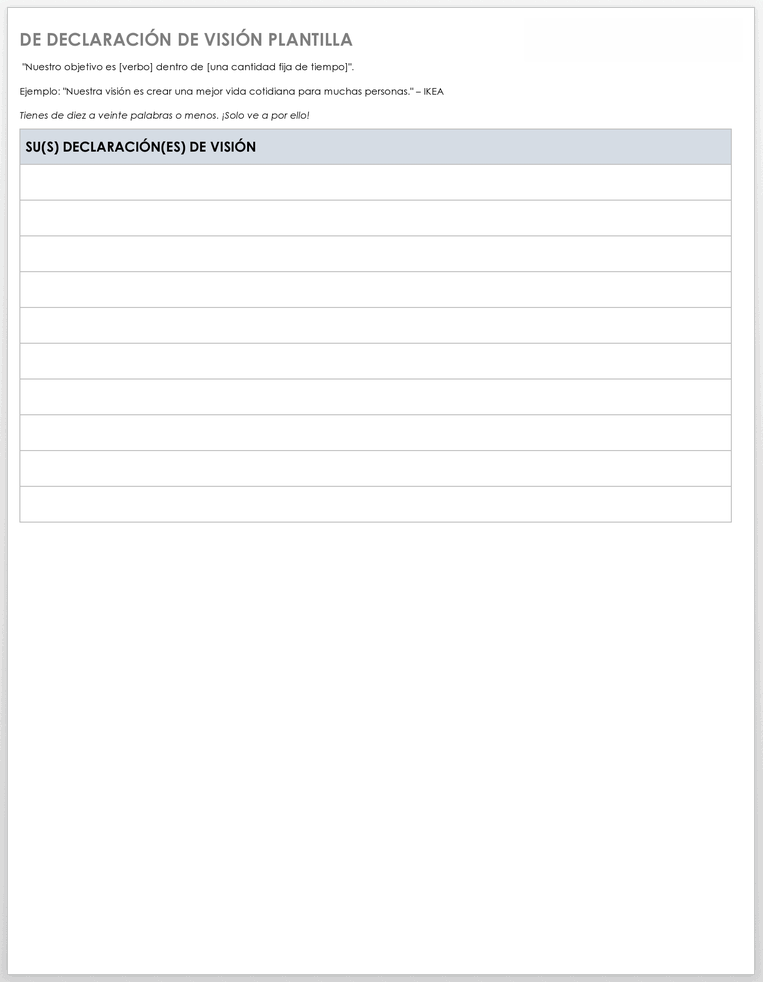 Plantilla de declaración de visión