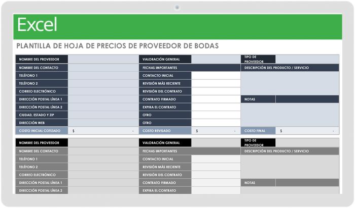 Plantilla de Hoja de Precios de Proveedores de Bodas