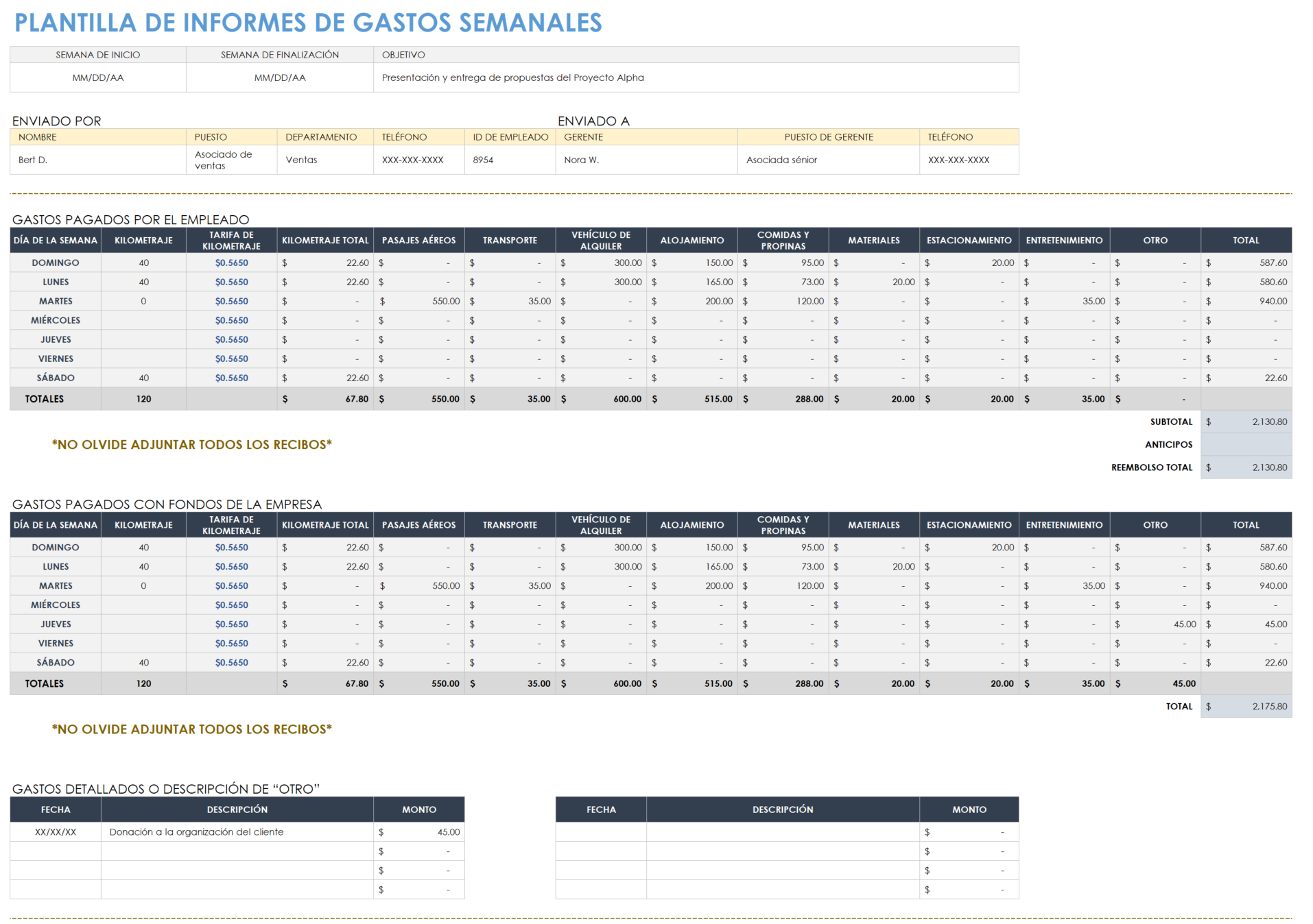 Plantilla de informe de gastos semanal