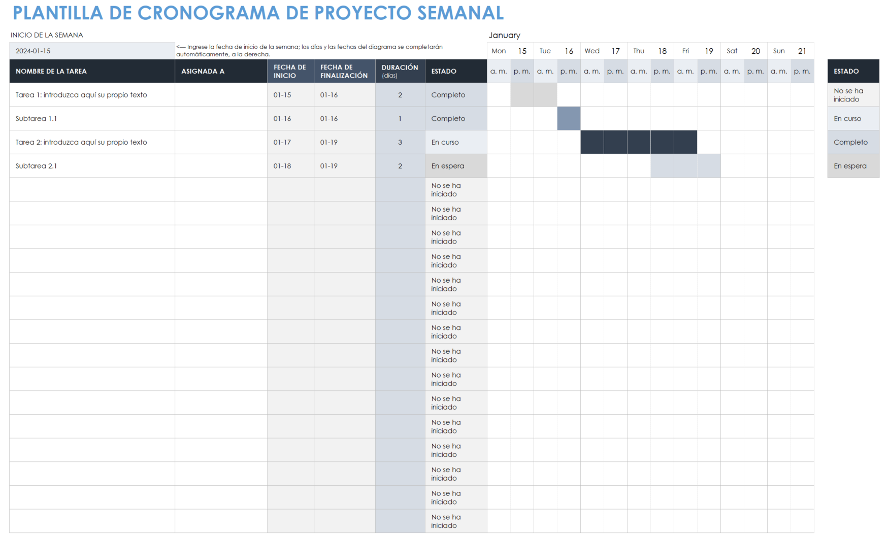  Plantilla de línea de tiempo de proyecto semanal para plantilla de Excel