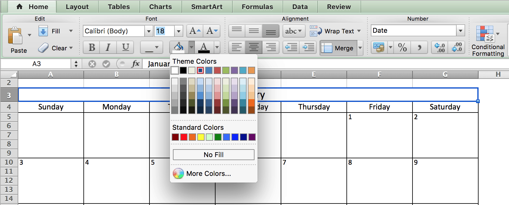 Choosing Colors - Calendar in Excel