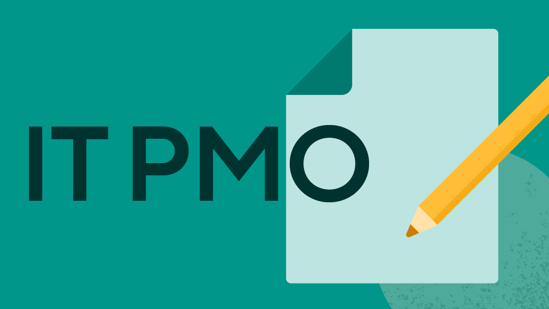 A green pencil ready to take notes on a blank sheet of paper and "IT PMO" written in bold