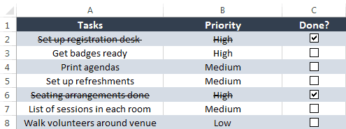 Lista de tareas pendientes con casillas de verificación en Excel