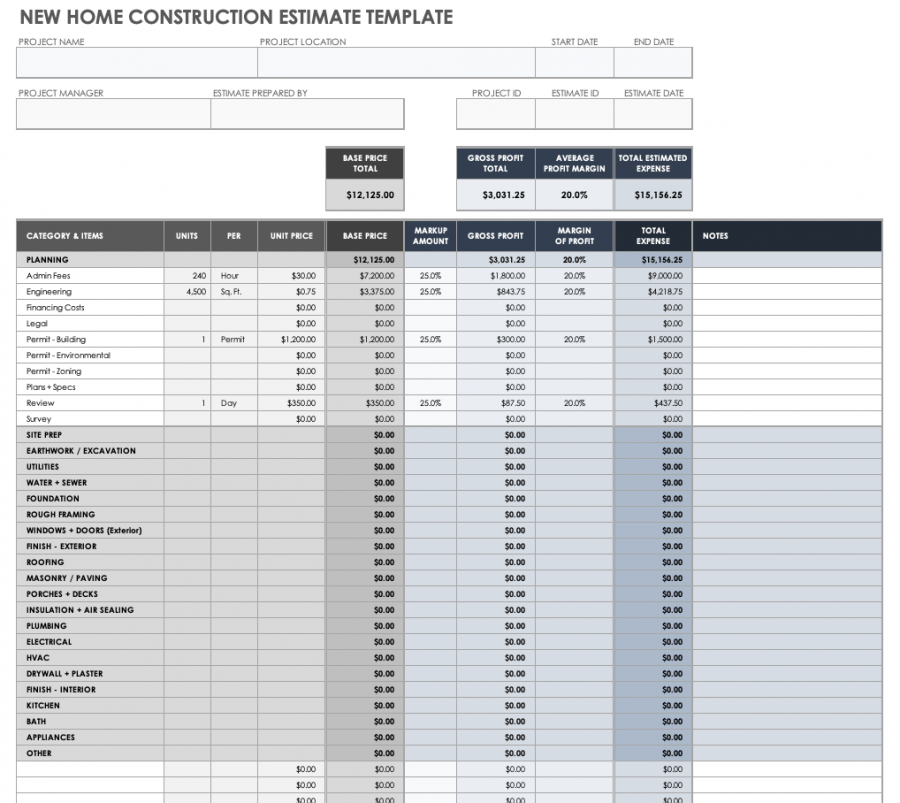 house building budget project estimate template