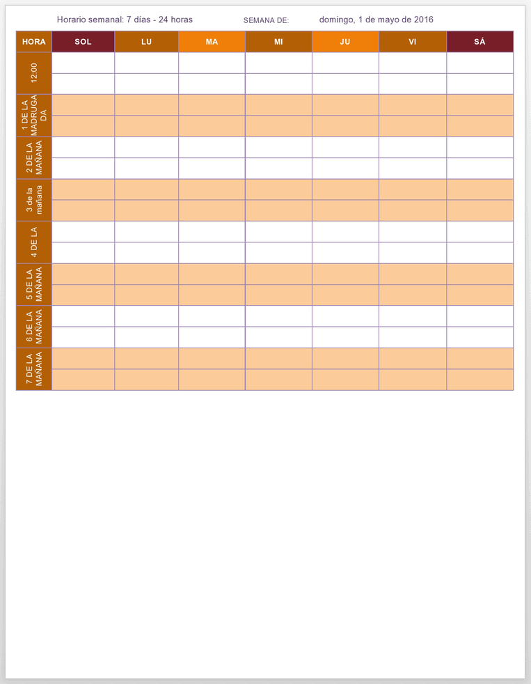 plantilla de calendario semanal de lunes a domingo